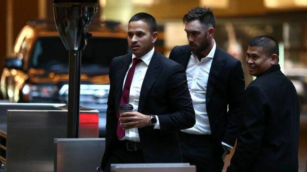 United: Australian cricketers Usman Khawaja and Glenn Maxwell arrive for the emergency meeting. Photo: Getty Images