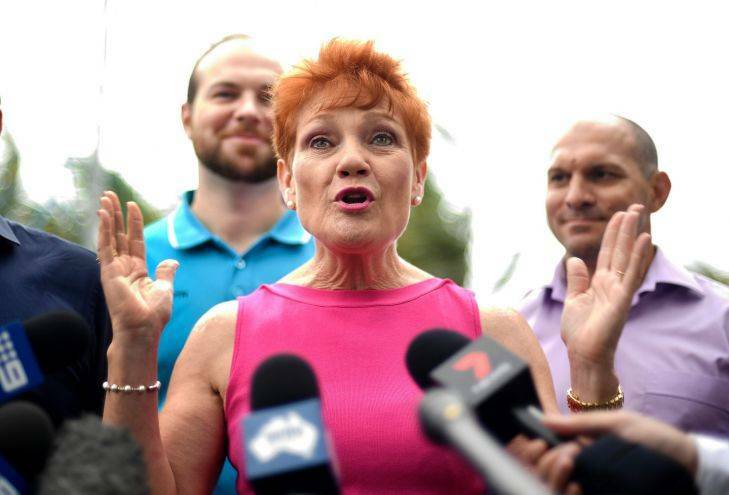 One Nation leader Pauline Hanson gestures during a press conference at Yeppoon. Picture: Dave Hunt/AAP Image
