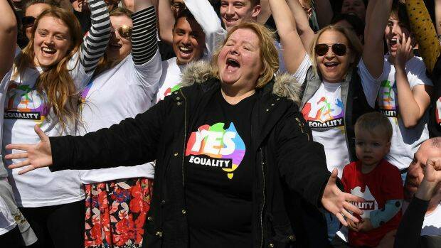 Magda Szubanski launching the Yes vote campaign in Melbourne on Sunday. Photo: AAP