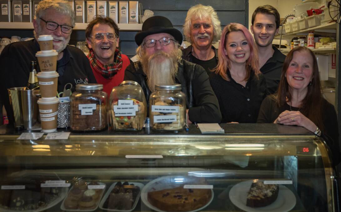 Serving or saving the Wayzgoose: Owner Mark Alchin, musicians Pat Drummond, Allan Caswell, Nigel Foote, manager Rebecca Alchin, musicians Martin Foote and Dawn Egan. Photo: Lee Doyle