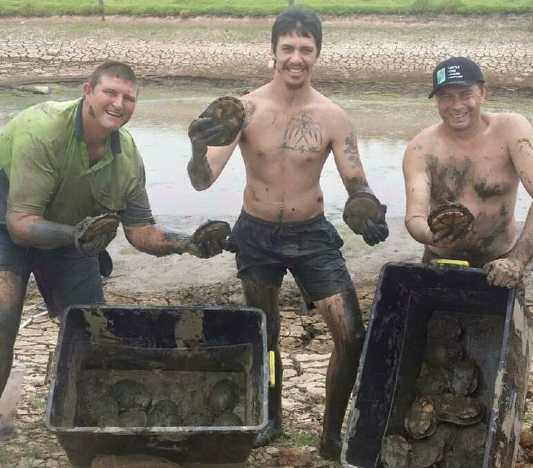 Happy: Shane Davies (right) with fellow turtle rescuers Neville Parks and Kane Durrant and their 'catch'.