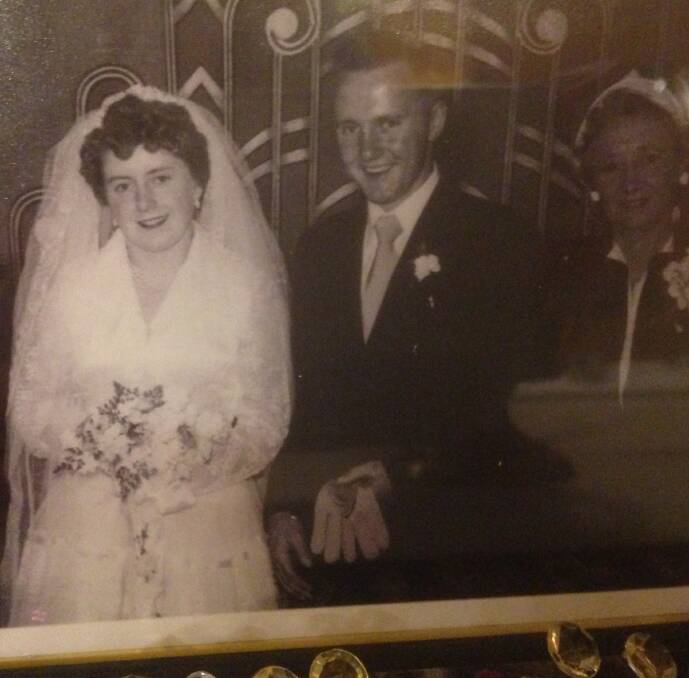 Happy memories: Bonnie and John Mergan at their wedding reception at the Paragon in Katoomba in April 1955.