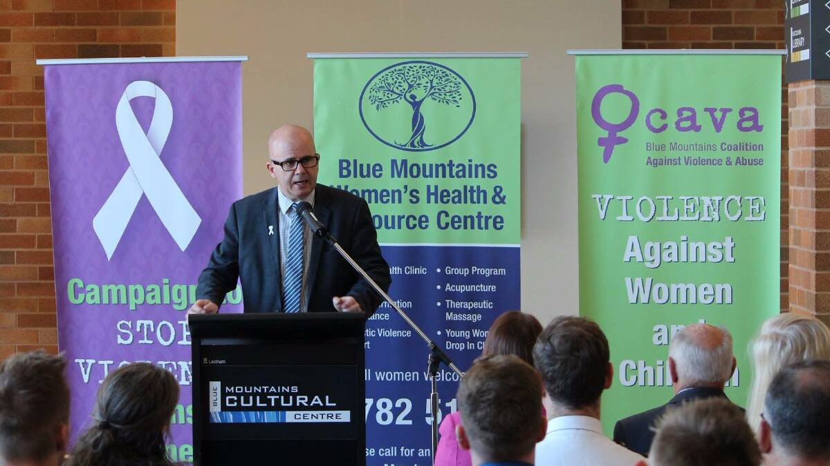 Stand up: The mayor, Cr Mark Greenhill, at the White Ribbon breakfast in Katoomba on November 24.