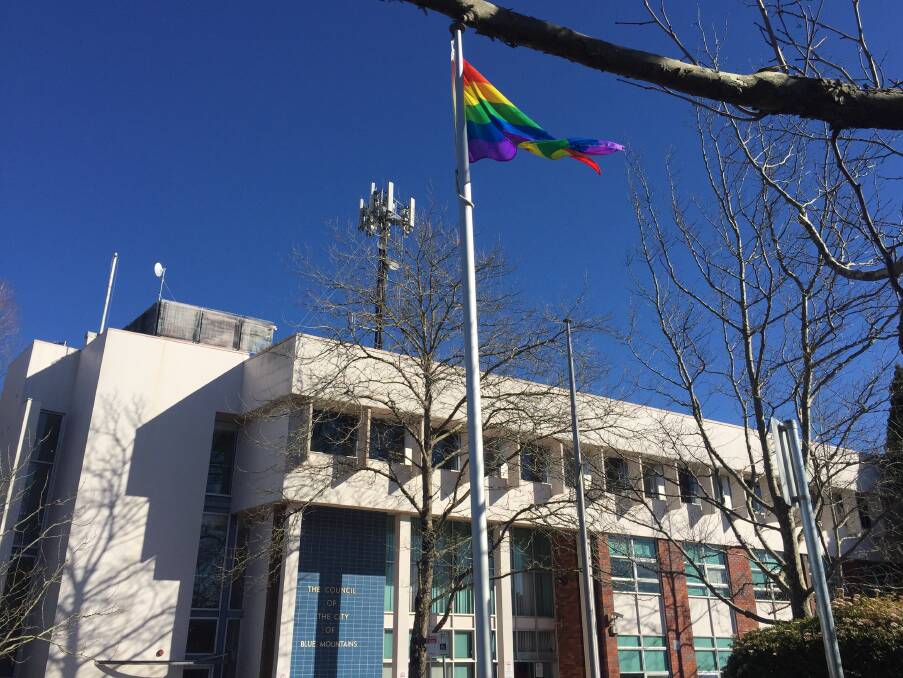 The rainbow flag outside council chambers at Katoomba this morning.
