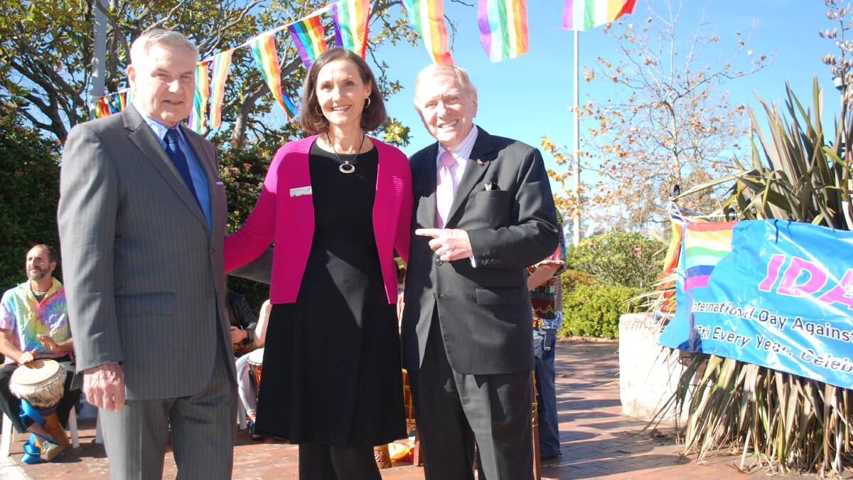 Retired justice Michael Kirby (right) and his partner, Johan van Vloten, with Cr Romola Hollywood at IDAHOT Day in Katoomba last May.