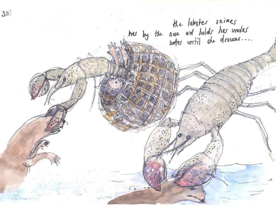 Live lobster: Storyboard illustration for The Water Babies