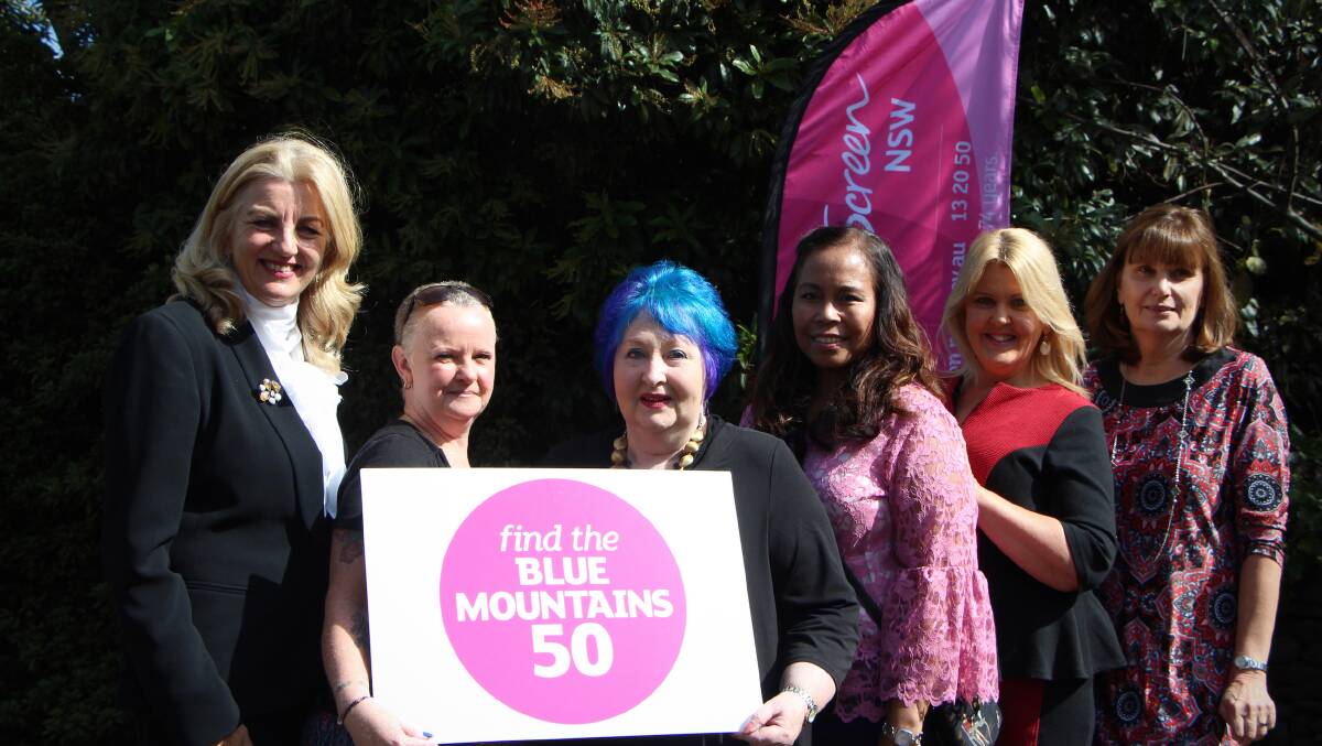 (L to R): Jean Kittson (campaign ambassador) with breast cancer survivors Debbie Sneyd, Kerry Wines, Lourdes Catap and Jennifer Byrnes, with Andrea Williams (General Manager Blue Mountains Hospital)

