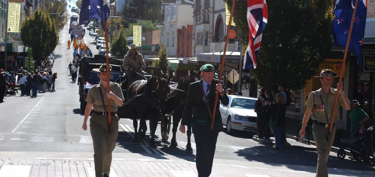 Off: Last year's march down Katoomba Street. This year's Anzac Day march has been cancelled, as have marches usually held at Blackheath, Springwood and Glenbrook.