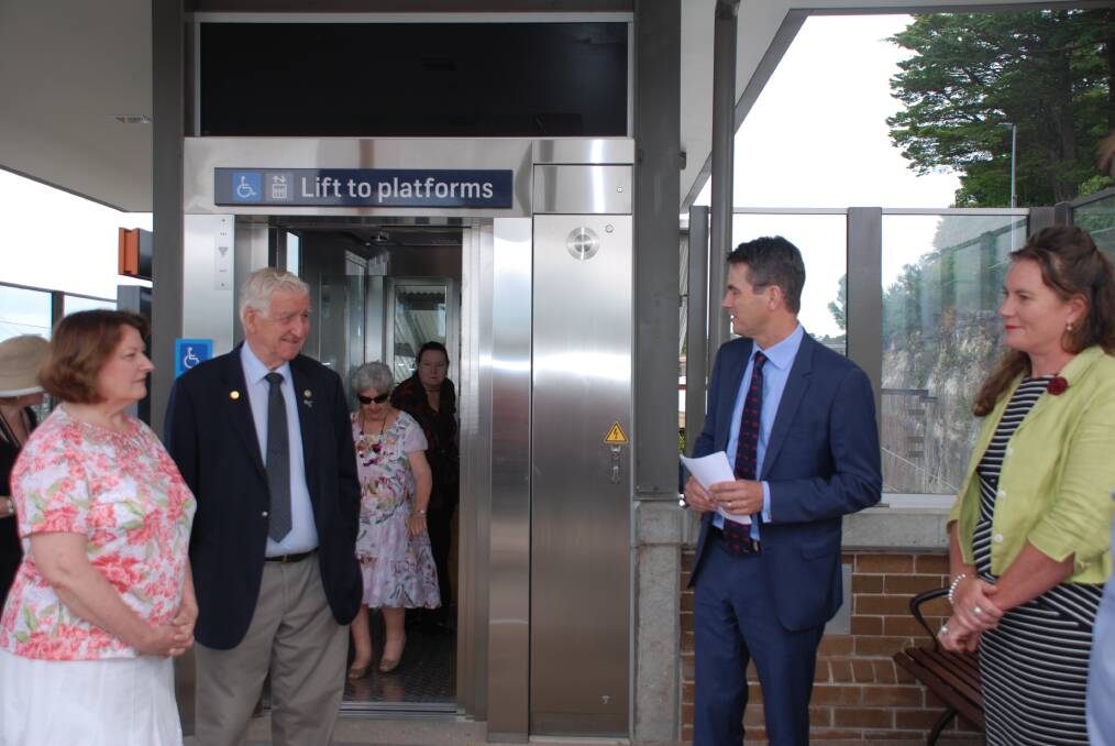 Going up: Patrons were already using the lift as former MP Roza Sage, and Cr Kevin Schreiber listened to Shayne Mallard officially opening it, with Blue Mountains MP Trish Doyle looking on.