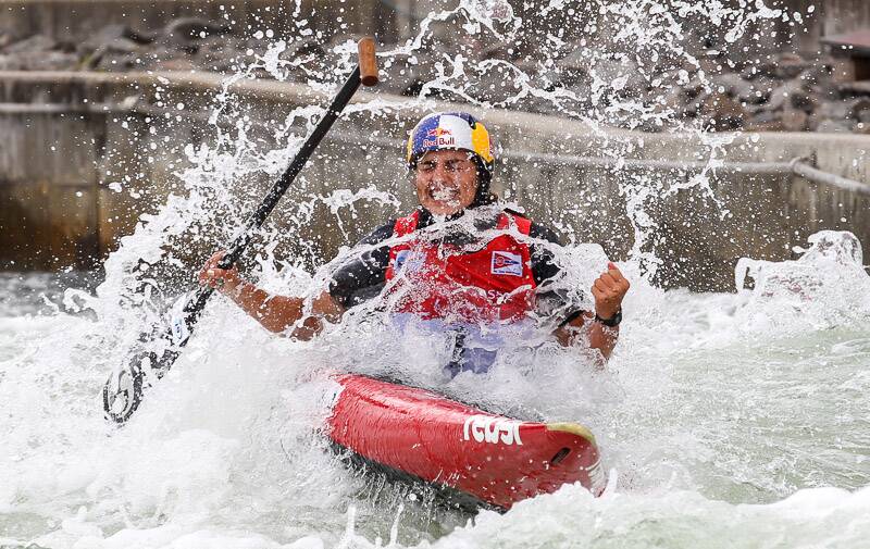 Triumphant: An ecstatic Jessica Fox after her C1 win in the third canoe slalom World Cup in Germany. Photo: Balint Vekassy