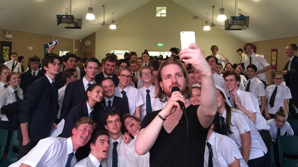 Selfie time: Nic Newling and Blue Mountains Grammar School year 11 and 12 students have some light relief after the talk.