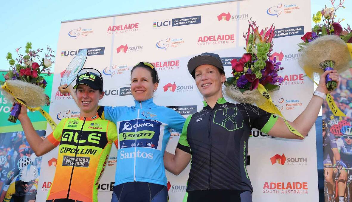 Winners: Women's Tour Down Under winner Amanda Spratt (centre), with second placegetter Janneke Ensing and third placegetter Kirsten Wild, both from Holland. Photo: Tim De Waele