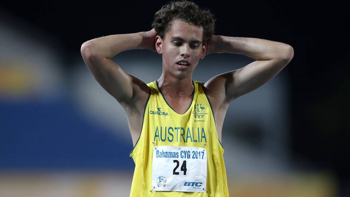 Jackson Sharp reacts after placing fourth in the 1500m final at the Commonwealth Youth Games. Photo: Mark Kolbe/Getty Images