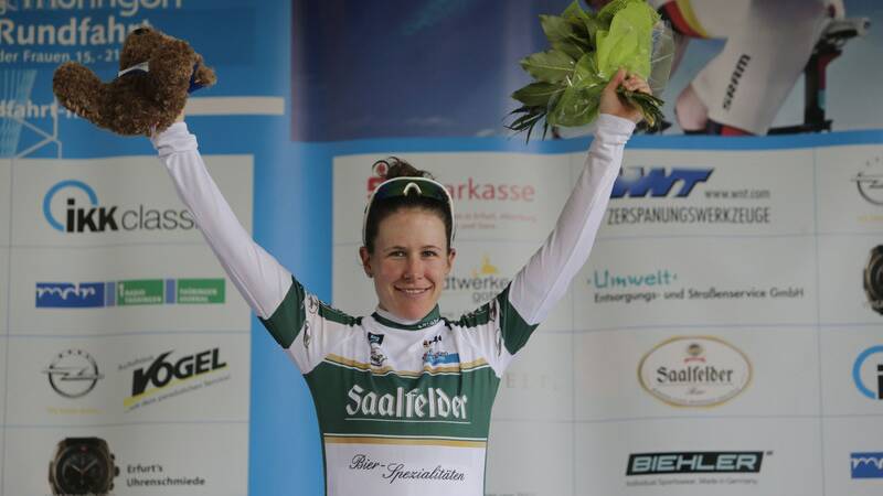 Victory: Amanda Spratt after winning the Queen stage of the Thuringen tour in Germany.