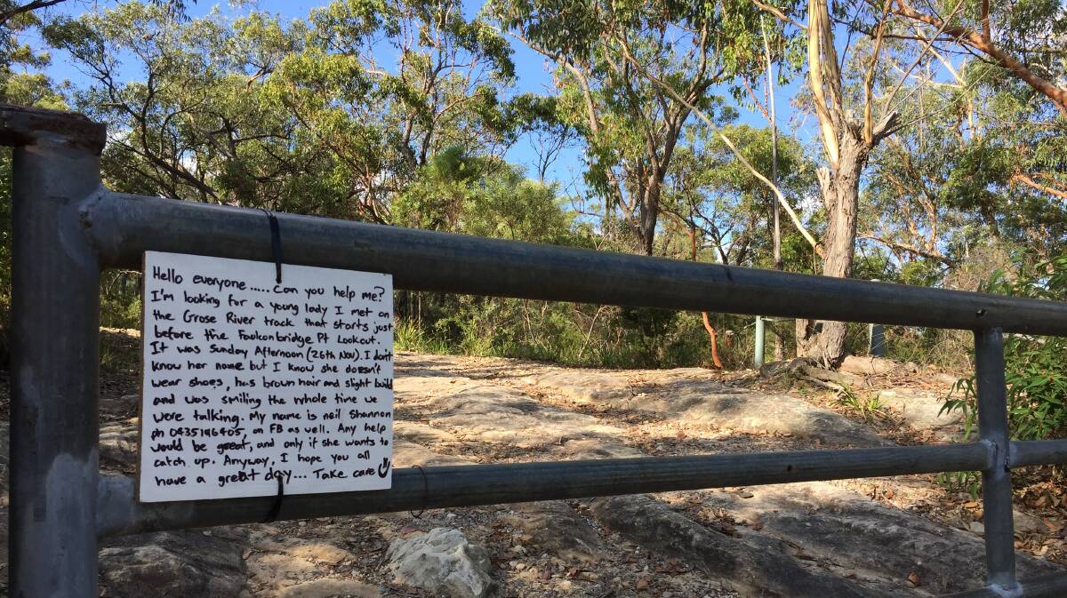 Can you help: Neil Shannon's sign on the firetrail leading to Faulconbridge Point, describing the chance meeting on November 26.