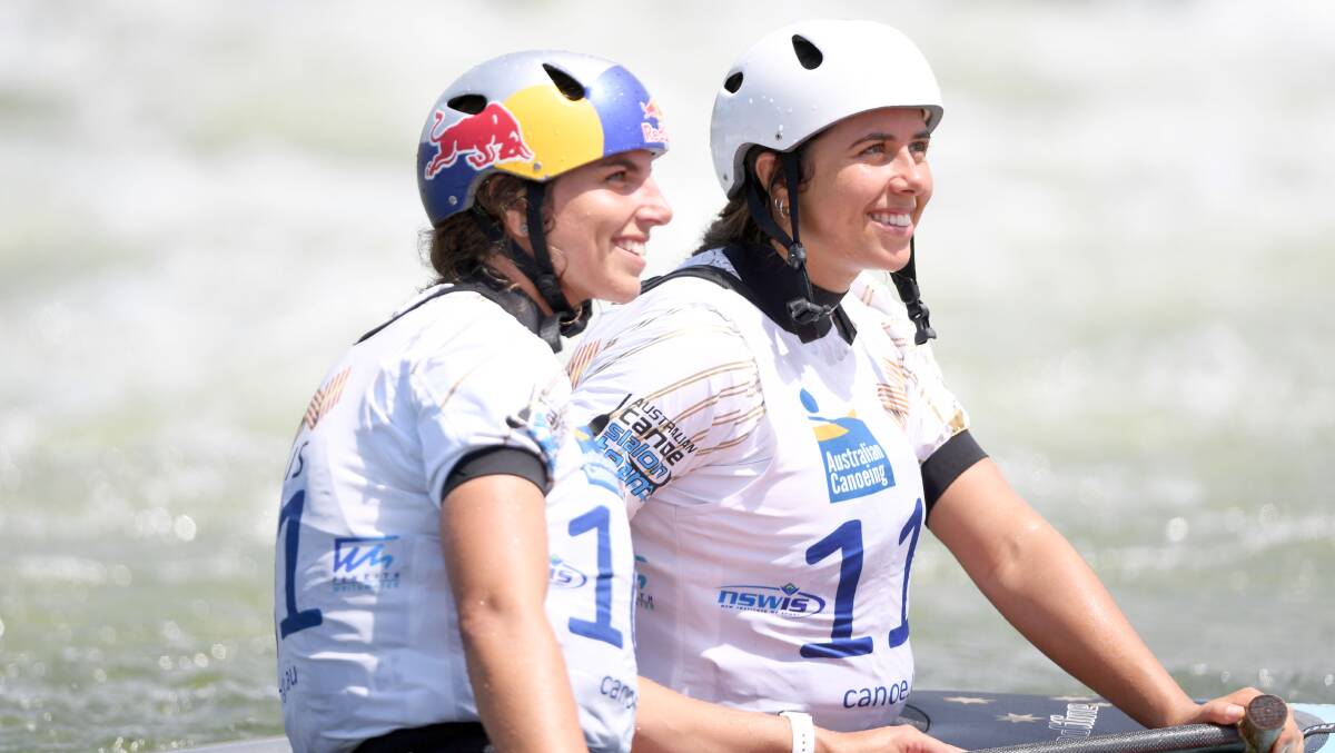 Chasing her tail: Jessica Fox with her younger sister Noemie, who finished just 10 seconds behind her in the C1 final at the canoe slalom Australian Open. Photo: Delly Carr