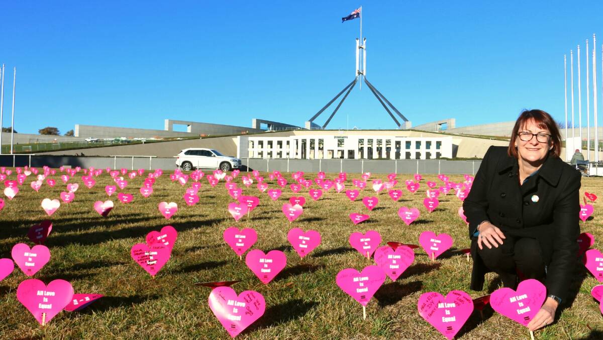 Have your say: MP Susan Templeman by the sea of hearts left by marriage equality campaigners outside Parliament last week. She will be voting 'yes' because "it’s about fighting for equality when people need us to".