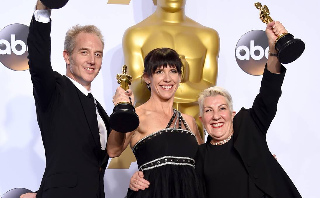 Triumphant: Make-up artists Damian Martin, Elka Wardega and Lesley Vanderwalt after their Mad Max win at the Academy Awards. Photo: Getty Images