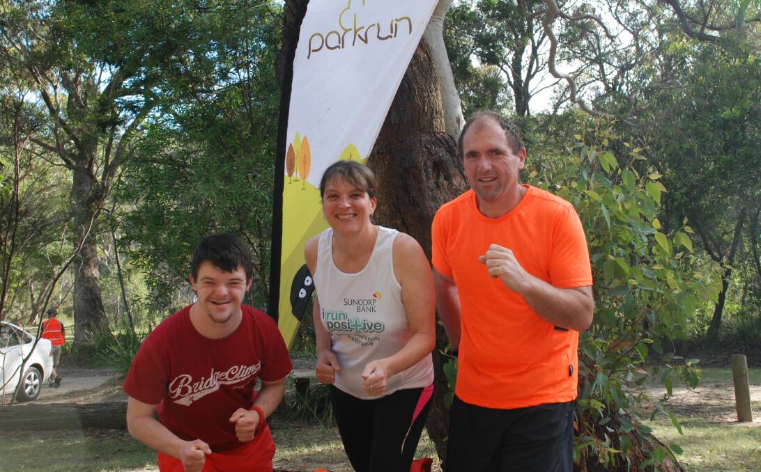 On your marks: Josiah Bamber, race director Kye Porritt and Mark Hibbard ready themselves for a recent Lawson Parkrun.
