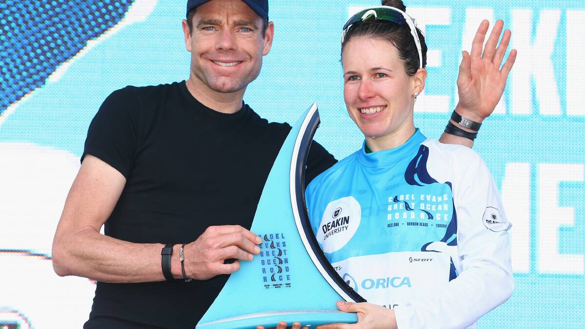 Winner: Amanda Spratt of Orica-AIS poses with Cadel Evans after winning the elite women's road race at the Cadel Evans Great Ocean Road Race on January 30 in Geelong. Photo: Robert Cianflone/Getty Images
