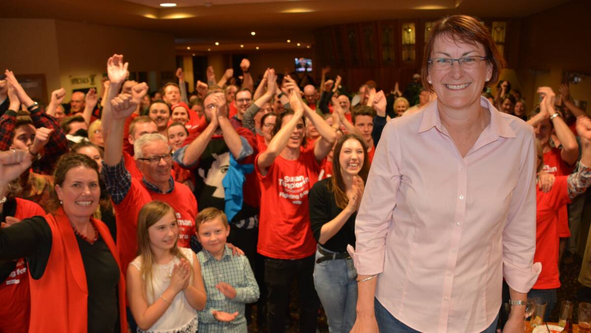 Susan Templeman in front of a room full of Labor supporters including Blue Mountains MP Trish Doyle and Senator Doug Cameron at Springwood's Royal Hotel on Saturday night.