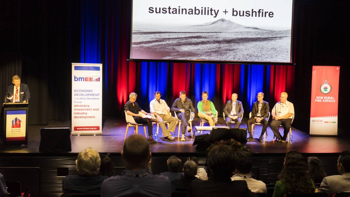 Major event: Blue Mountains Economic Enterprise CEO Bernie Fehon delivers his closing remarks at the third Bushfire Building Conference on September 8 in Springwood. Photo: S Cottrell, Viva Homes.