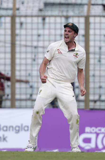 Ready to roar: Pat Cummins during the second Test in Chittagong, Bangladesh, last month. Photo: AP/A.M. Ahad