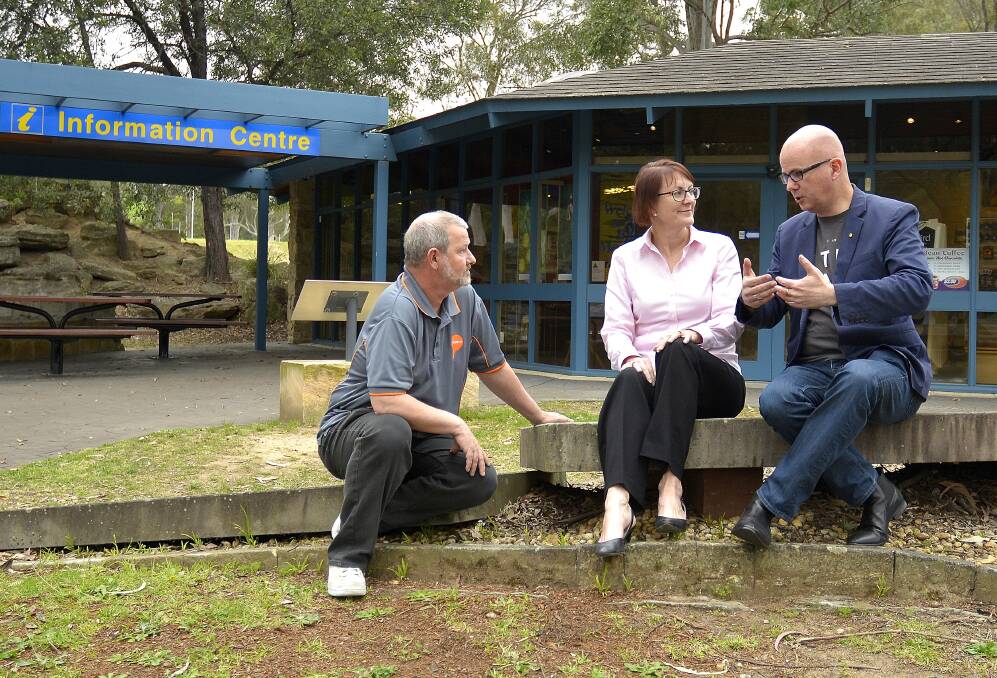 Member for Macquarie Susan Templeman with Penrith mayor John Thain (left) and Blue Mountains mayor Mark Greenhill at Glenbrook Visitor Information Centre.