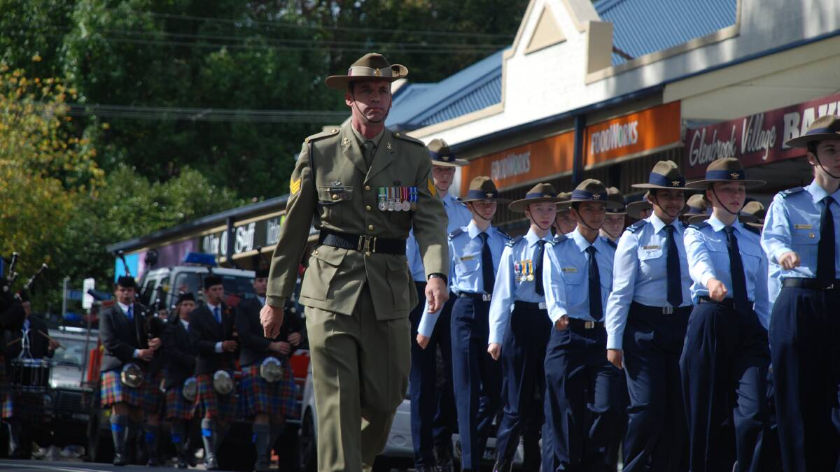 The 2016 Anzac Day parade makes its way along Park Street, Glenbrook ahead of the 11am service at the cenotaph.