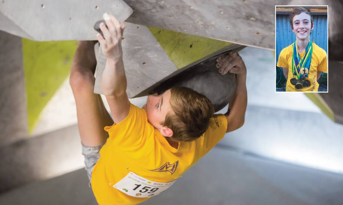 Competing overseas: Rock climber Jack Taylor in action and (inset) with some of his medals. Photo: Set in Stone Photography