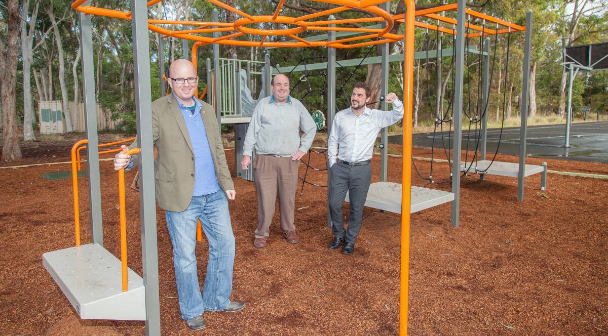 Ready to play: Ward 4 councillors, Blue Mountains mayor Mark Greenhill, Anton Von Schulenburg and Brendan Christie inspect the new play equipment at Blaxland Oval.