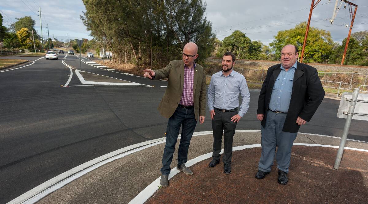Ward 4 Crs, Mayor Mark Greenhill, Brendan Christie and Anton von Schulenburg inspect the resealing of Railway Parade and Wilson Way roundabout.