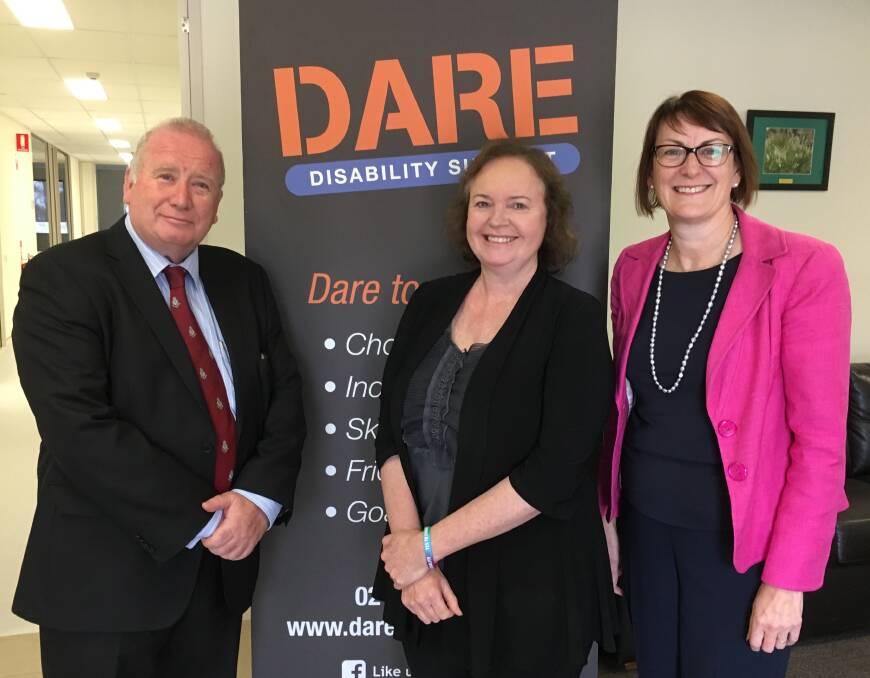 NDIS in spotlight: Andrew Daly, CEO of Dare Disability Support, with Labor Senator Carol Brown and Federal Member for Macquarie Susan Templeman.