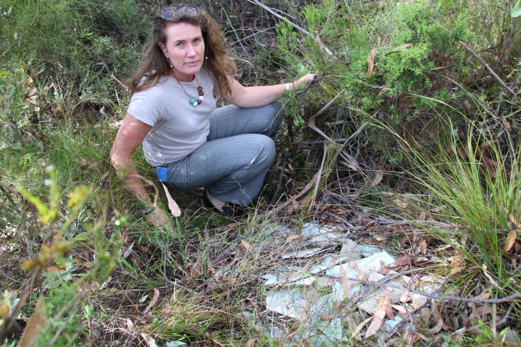 Blue Mountains MP Trish Doyle at the site of dumped asbestos waste beside a walking track in the Blue Mountains National Park near Leura.