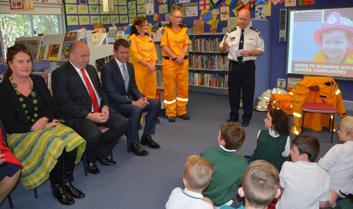 Blue Mountains MP Trish Doyle (left) with NSW Premier Mike Baird (third from left) at the launch of a Rural Fire Service bushfire education kit for primary schools at Warrimoo Public School on June 14, 2016.