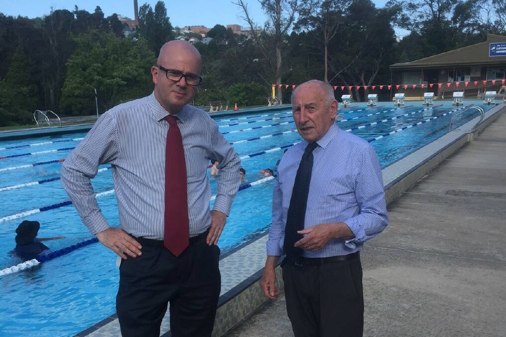 Glimmer of hope for pool: Blue Mountains mayor Mark Greenhill and Ward 1 Councillor Don McGregor at Katoomba Sports and Aquatic Centre.