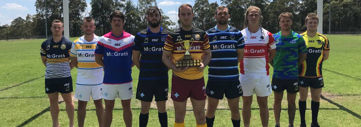 Open men's captains: Peter Nay - BMGS Old Boys; Lincoln Sterling - Mitchell Rugby 7s; Morgan Hornsby - Columbian Valley; Conor Meade - Blue Mountains Rugby Colts; Dylan Krasny - Winmalee Wolves Old Boys; Tom Eisenhuth - Doves VI; Mitchell Zampetides - Lionhearts; Chris Lukins - Lapstone Grunts and Tom Farnell - BMGS Lions are ready for Saturday's tournament.