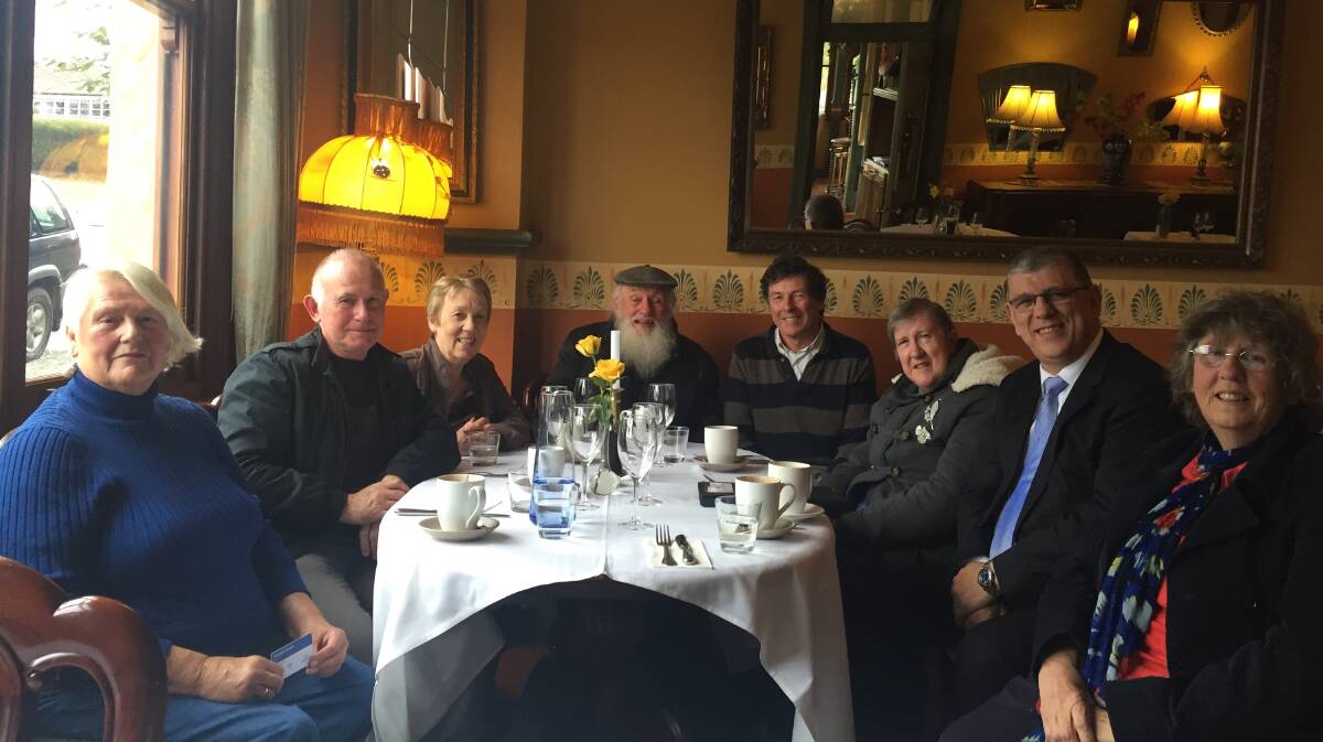 From left,  Amy Tan, Patrick Kelly, Christine Kelly, Douglas Baker, Ross Delaney, Beverley Baker, Minister for Ageing John Ajaka and Nyla Thomas at The Rooster Restaurant in Katoomba.