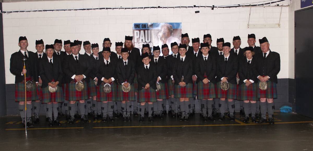 The Governor Macquarie Memorial Pipe Band at Qudos Bank Arena ahead of their performance with Sir Paul McCartney.