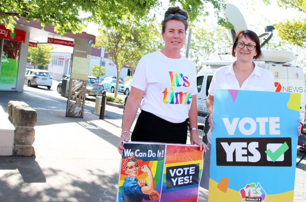 Trish Doyle and Susan Templeman in the town square at Springwood campaigning together recently during the marriage equality law survey.