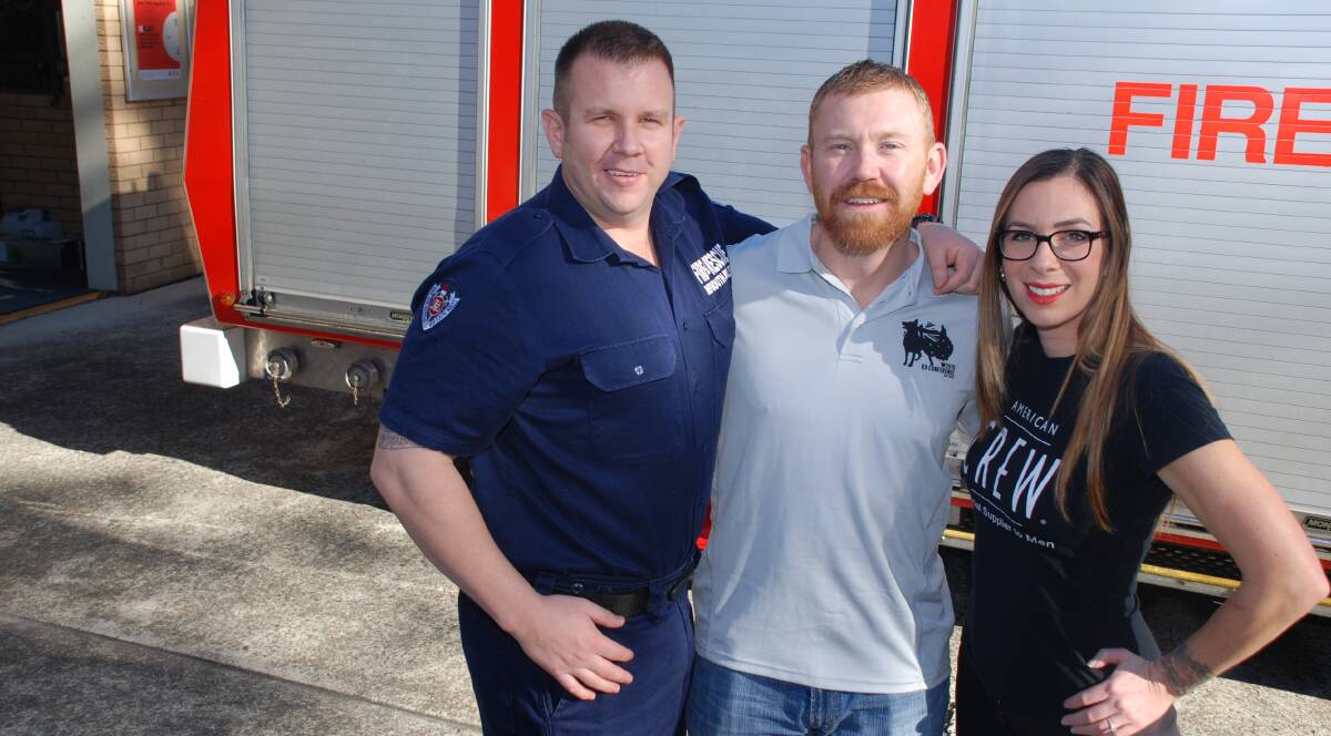 Supporting event: Glenbrook firefighter Brendon Roberts, NSW Police Senior Constable Luke Warburton, and Sarah Prince of The Mens Grooming Centre, Blaxland.