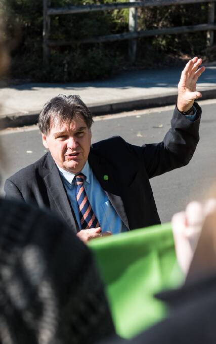 Election message: NSW Teachers Federation president Maurie Mulheron addresses supporters at Faulconbridge on Monday.