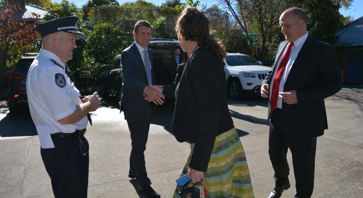 Blue Mountains MP Trish Doyle greets NSW Premier Mike Baird at Warrimoo Public School in June 2016.
