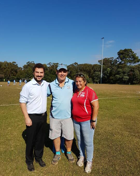 Wants "heartstarters" at sportsgrounds: Cr Brendan Christie with David Smith, president of the Blue Mountains Football Club and Frances Refalo, the Nepean Football Association president at Knapsack Oval, Glenbrook.