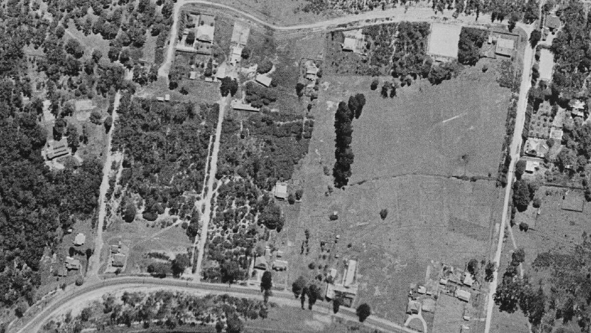 A 1943 Aerial photo of the Reserve which gives an indication of how clear the land was then, it also shows the cricket pitch and the lone China Pear tree.