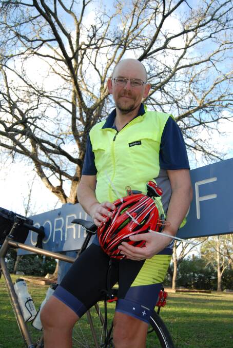 Man on a mission: Ex Wycliffe Christian School’s Michael Shaw stops in at the Corridor of Oaks in Faulconbridge on his epic west to east coast ride recently.