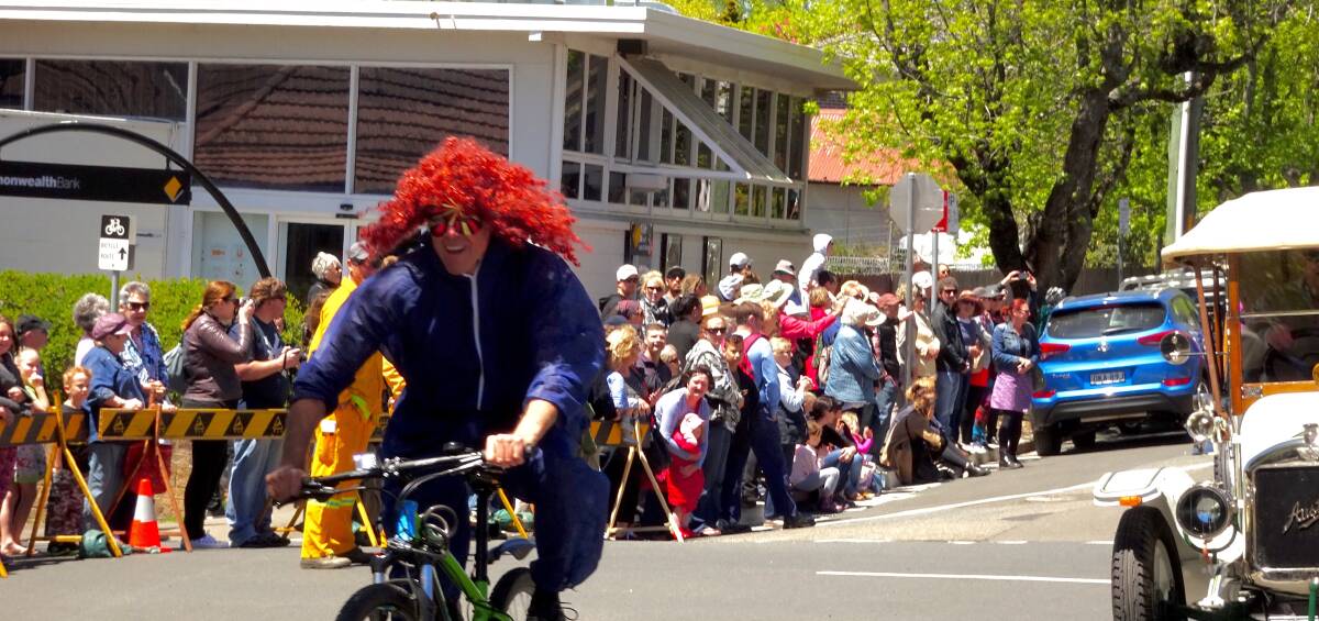 Just clowning around: Robin Martin has been fined $750 for not wearing a helmet and riding recklessly at the Blackheath Rhodo Festival last month. Photo: Mike Chirgwin.