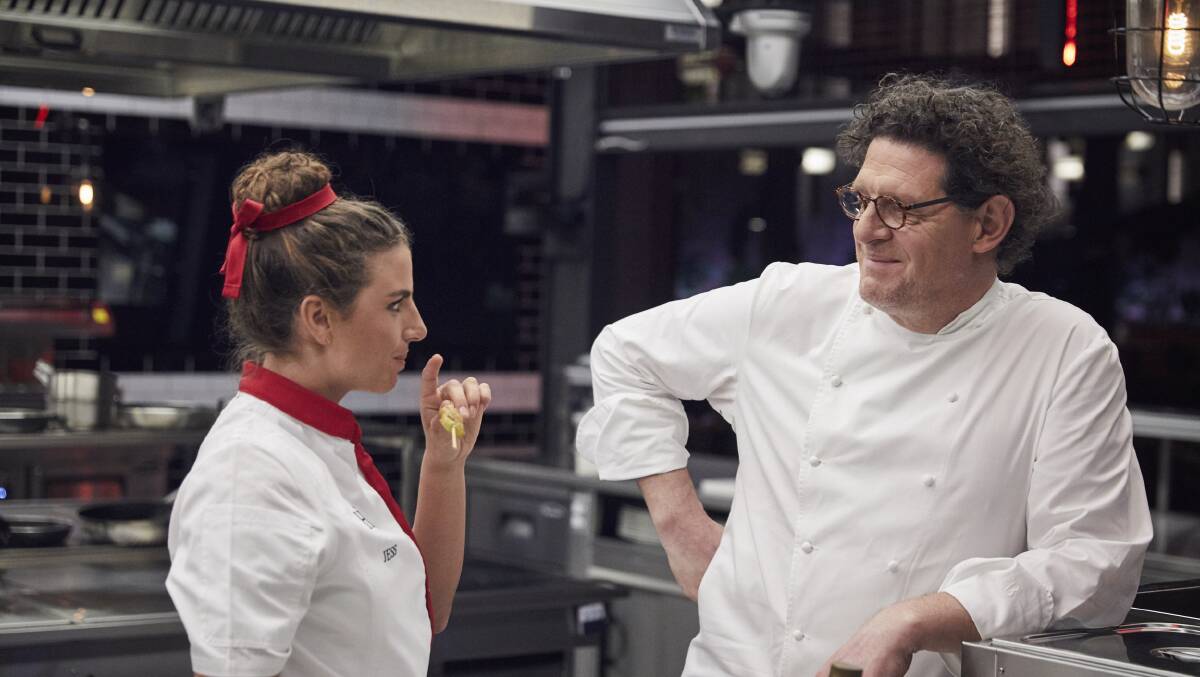 Yes Marco: Jessica Fox is one of ten celebrity contestants taking on the Hell’s Kitchen challenge. Pictured on set with host Marco Pierre White.