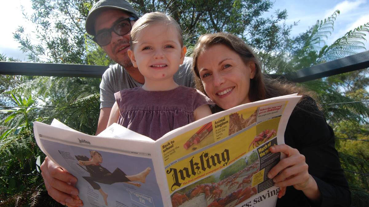In the news: Editor Saffron Howden (right) with husband, Crinkling's graphic designer Remi Bianchi, and daughter Peta. They have started a national kids paper from Woodford.