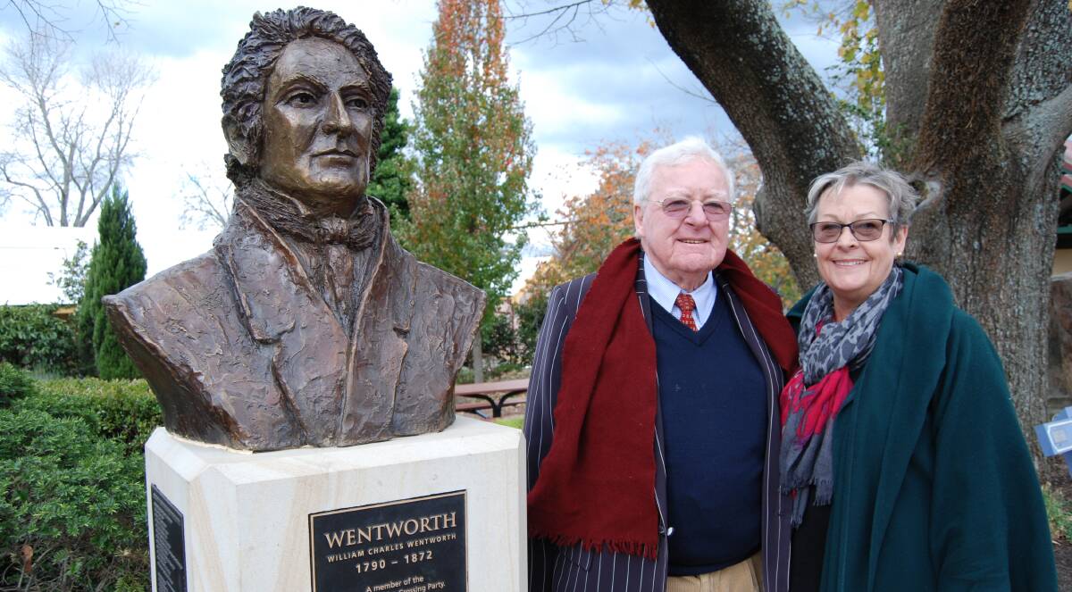 Proud of the past: Fitzwilliam Wentworth and his wife Eleanor Wentworth of Bowral stand alongside the bust of his great great grandfather William Charles Wentworth.